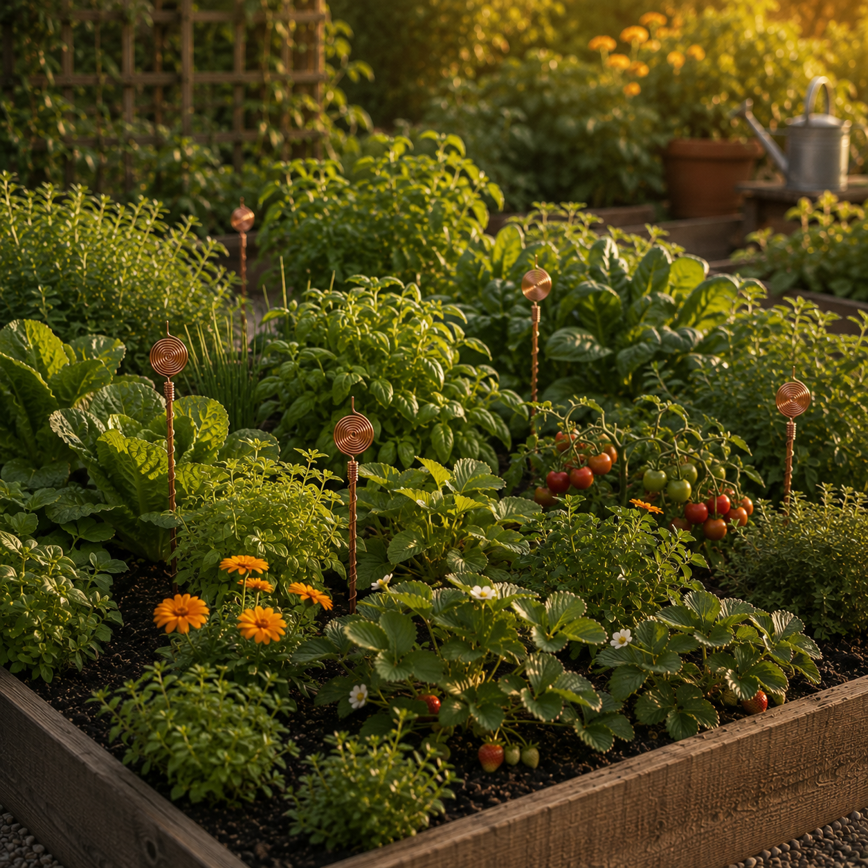 Garden with copper antennas placed around plants