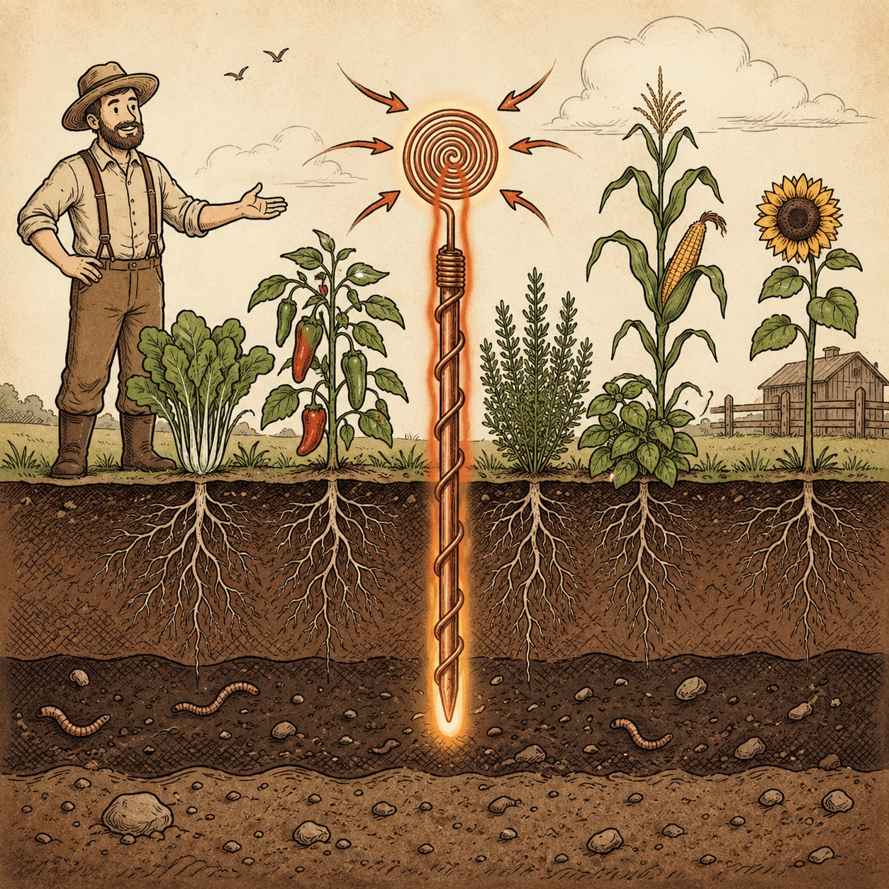 Illustration showing copper antenna transferring energy into garden soil